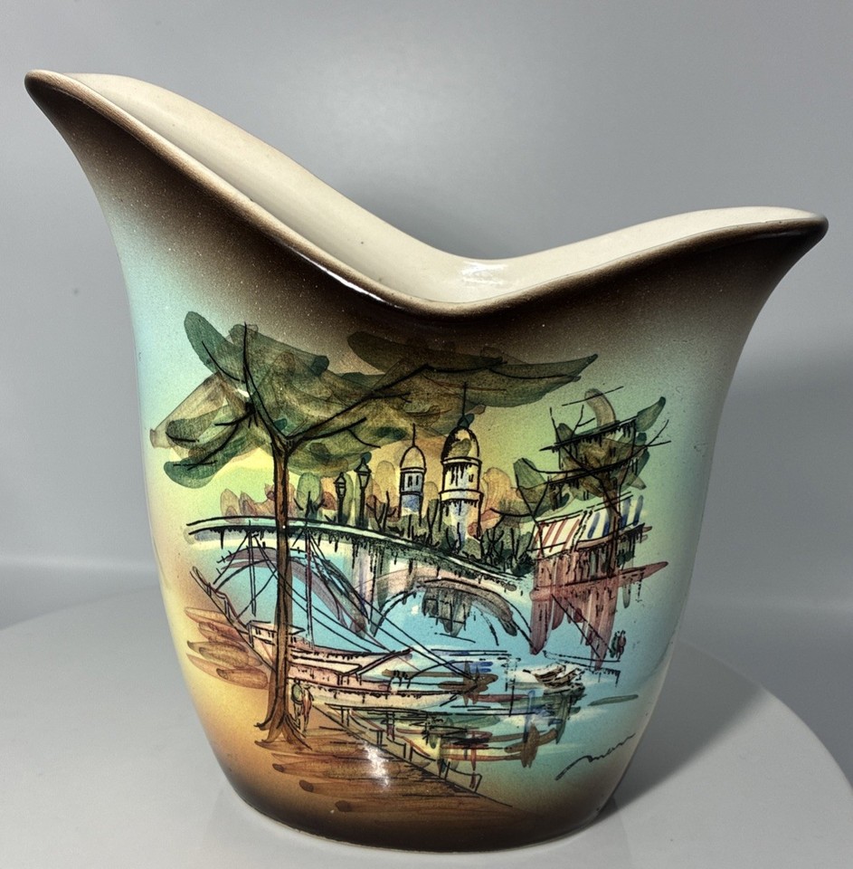 OMC Hand Painted Cityscape Mid-Century Ceramic Vase (Signed)