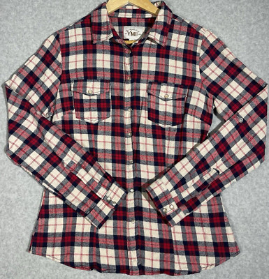 YMI Flannel Shirt Womens Juniors Medium Long Sleeve Plaid Pearl Snap Red Blue