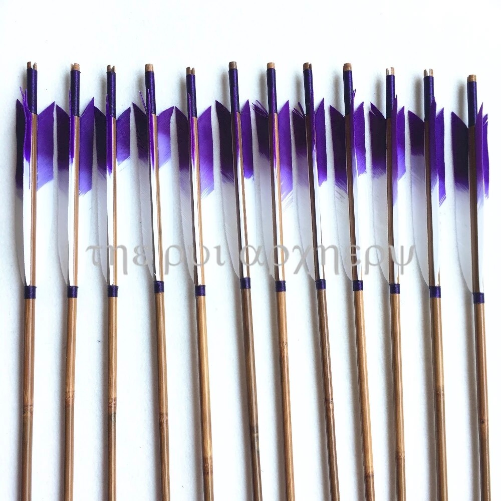 6/12PCS 32'' Bamboo Arrows Purple White Feather Longbow Recurve Bow