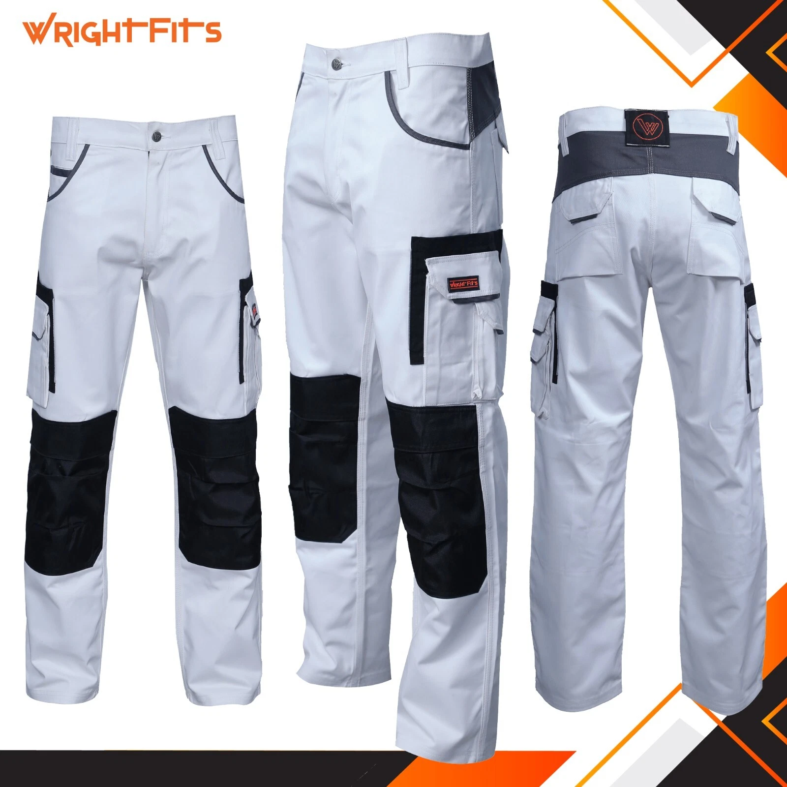 Mens Work Trousers White Painter Combat Style with Cargo & Knee Pad Pockets