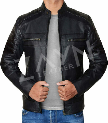 Real Leather Black Café Racer Biker Jacket For Men Pure Lambskin Motorcycle Coat