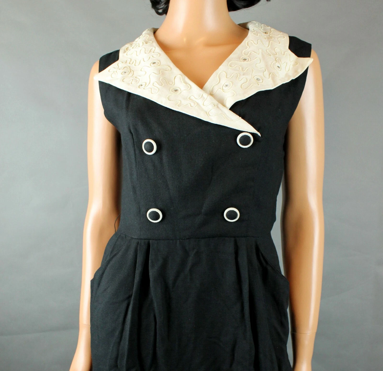 OFF WHITE Abito da cocktail vintage anni '40 taglia S nero scuro lana bianca senza maniche strass