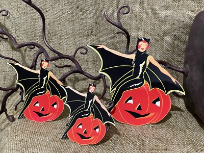 U Pick Vintage Inspired Deco Bat Witch on Pumpkin Halloween Cardstock Decoration