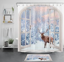 Retro Window Forest Snow Scene Elk Winter Shower Curtain Set for Bathroom Decor