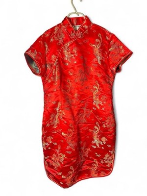 Red and gold Chinese-style silk dress with floral pattern Size Medium