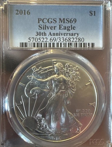 2016 AMERICAN SILVER EAGLE $1 PCGS MS69- BLUE LABEL *30TH ANNIVERSARY*