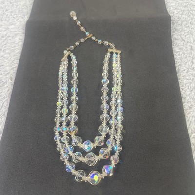 Vintage Necklace Women Clear Aurora Borealis Crystal Triple Strand Mid Century