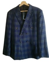Kudoro Fashion Design Men's Blue Gray Plaid 3 Piece Double-Breasted Suit 36