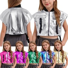 Girls Jazz Dance Vest Sides Open Metallic Shiny Zipper Buckle Pockets Jacket