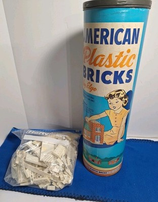 American Plastic Bricks Vintage Interlocking Blocks Construction Set in Canister