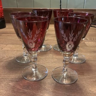 Set Of Six Red Etched Gold Banded Sherry Glasses 11cm Tall 50ml