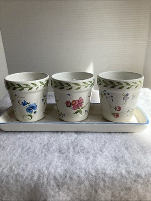 Vintage Flower/Herb Pots ~  Set of 3 + Tray ~ Floral Design ~ Ceramic 