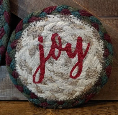CAPITOL EARTH RUGS Christmas JOY Coaster 5" round 100% Natural Braided Jute Holiday JOY Coaster