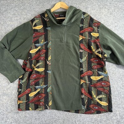 Koos Of Course Pullover Top Womens 3X Green Feathers 1/4 Zip Boho Artsy Y2K