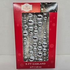 Holiday Time Shiny Silver Bead Garland 6 Ft Length Various Size Beads