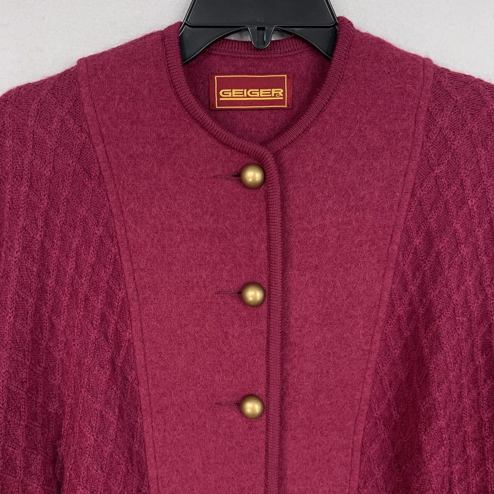 Vintage Geiger Cardigan Womens 40 Burgundy Boiled Wool Mohair 80s Luxury Retro - Image 2 of 4