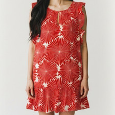 J Crew Printed Flutter Dress in Red Cream Sunburst Women Small Keyhole J0841