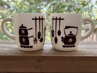 Two Vintage Retro Hazel Atlas White & Brown Dutch Treat Milk Glass Mugs Cups MCM