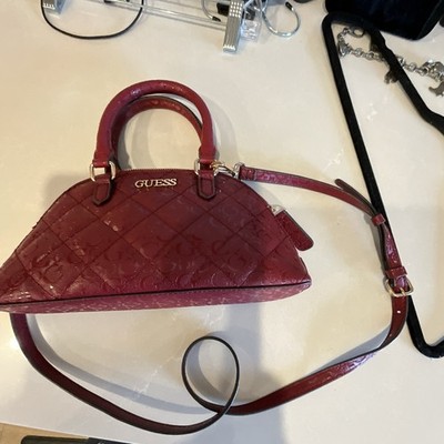 GUESS Burgundy Quilted Logo Crescent Satchel Zip Top Handle Detach Strap Gold