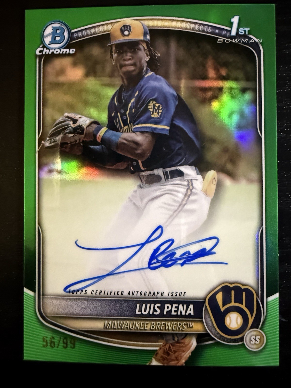 2025 Bowman Chrome Luis Pena Auto True Green Refractor /99 1st Prospect Brewers