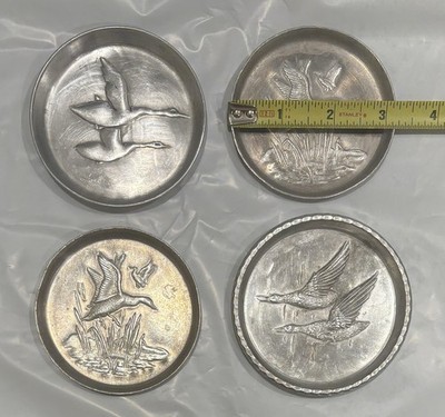 Lot of 4 Vtg Hammered Aluminum Coasters Ducks in Flight Everlast Laird Argental