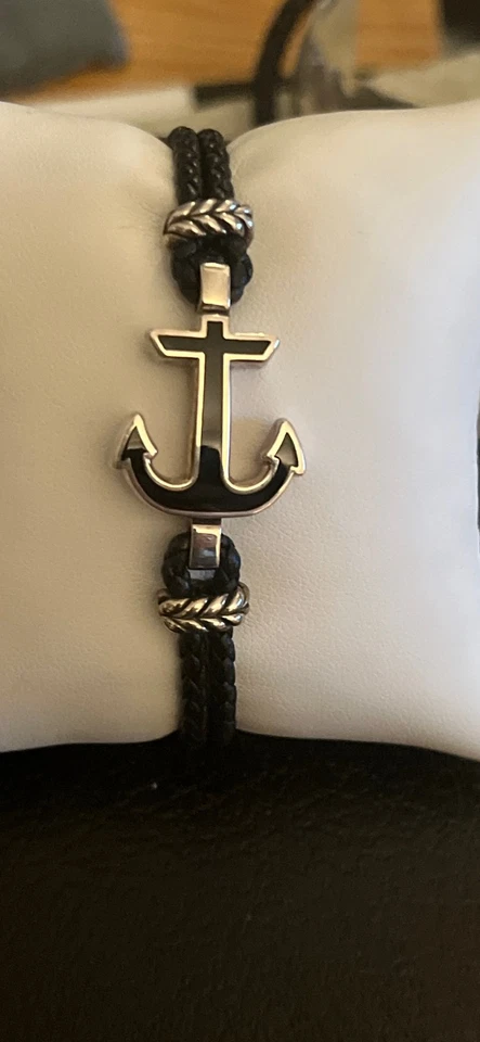 David Yurman Maritime Anchor Station Black Leather Bracelet with Black Onyx 7.5 - Image 2 of 4