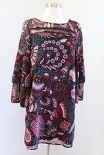Ann Taylor Loft Floral Geometric Layer Bell Sleeve Shift Dress Size XS Burgundy