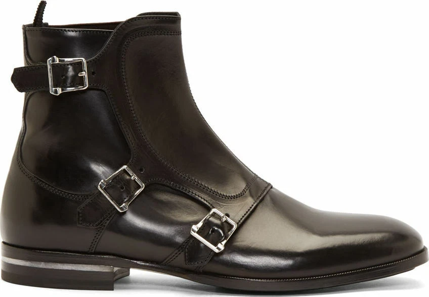 Men Handmade Leather Boots Triple Monk Strap Black Formal Dress Wedding Shoe