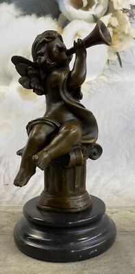 100% Pure Bronze Beauty Angel Hand Hold Musical Instrument Statue Figur Angebot
