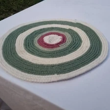 Hand Made Crocheted Rag Rug 24" Sage Green Mauve Cream Stripe Round Accent Rug