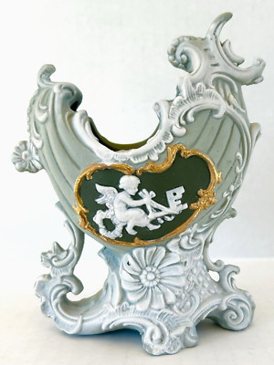 Antique Schafer & Vater Green Jasperware Planter Vase Cherub Cameo Art Nouveau