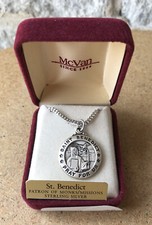 St Benedict Medal & 20&rdquo; Chain STERLING Silver Religious Saint Of Monks Pendant