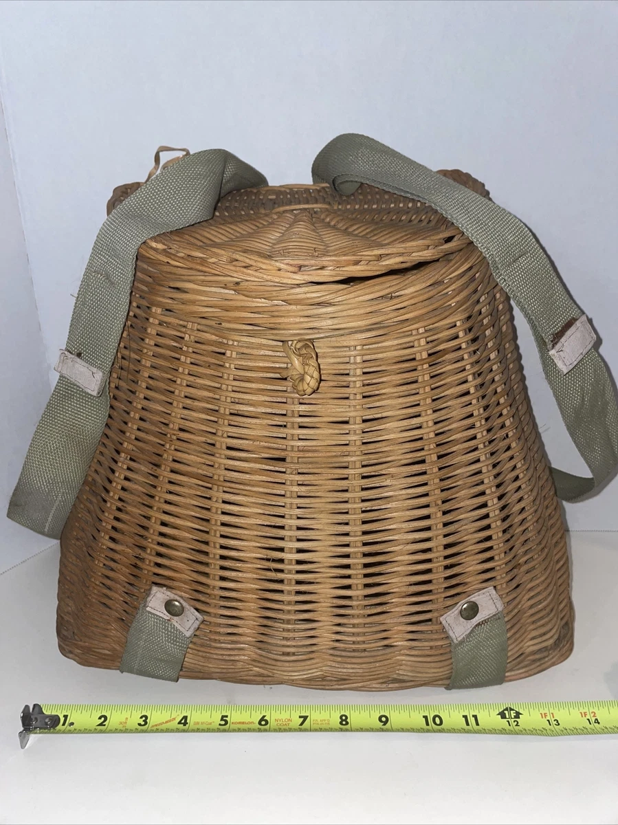 VINTAGE WICKER FISHING Creel Basket Cabin Decor Flawed Backpack