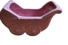 Vintage Ceramic Baby Buggy Carriage Planter Pink 