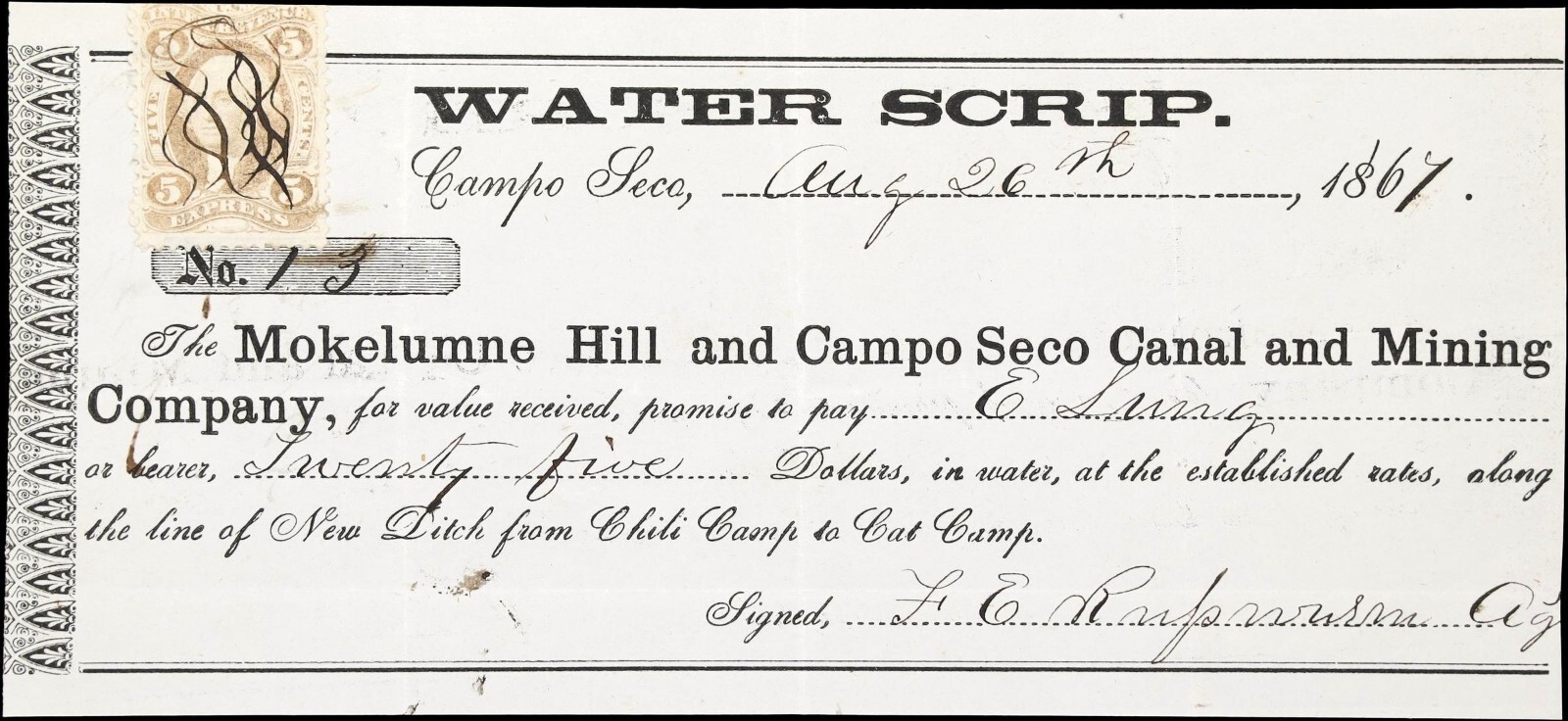 CA $25 Mokelumne Hill  Campo Seco Canal & Mining Company Water Scrip Aug. 1867