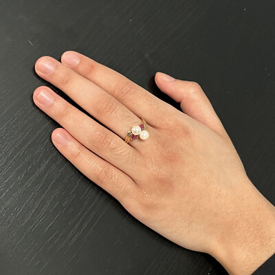 EL 10K Yellow Gold Dual White Pearl Ruby Ring  2.9g Size 8