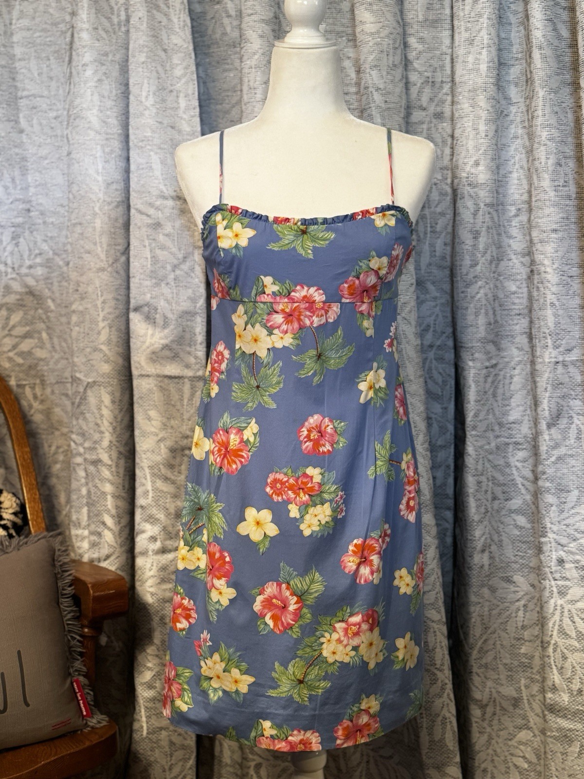 Ralph Lauren Vintage Y2K Blue Tropical Floral Sundress Spaghetti Strap Sz 10