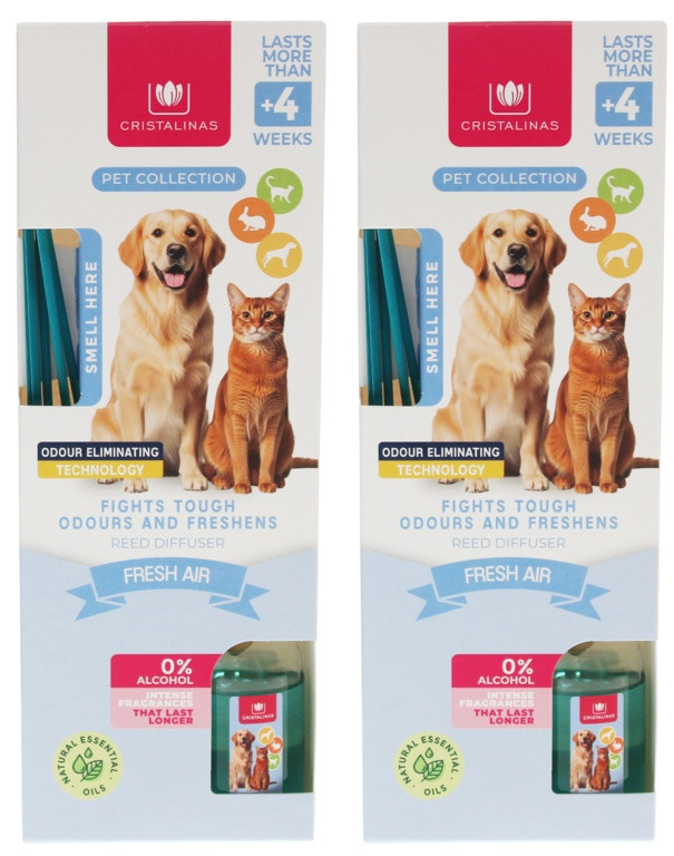 2x Cristalinas Pet Reed Diffuser Home Office Odour Air Freshener 25ml- Fresh Air
