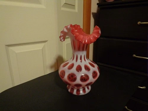 Vintage Fenton Cranberry Opalescent Coin Dot Ruffled Vase Pink- 10 3/4" x  6 "