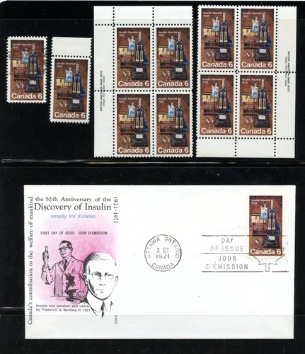 LOT 35067 MINT NH OG 533 2 PLATE BLOCKS 3 FDC DISCOVERY OF INSULIN STAMPS CANADA
