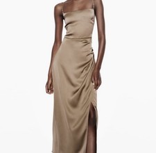 Zara brown satin rhinestone effect straps midi dress