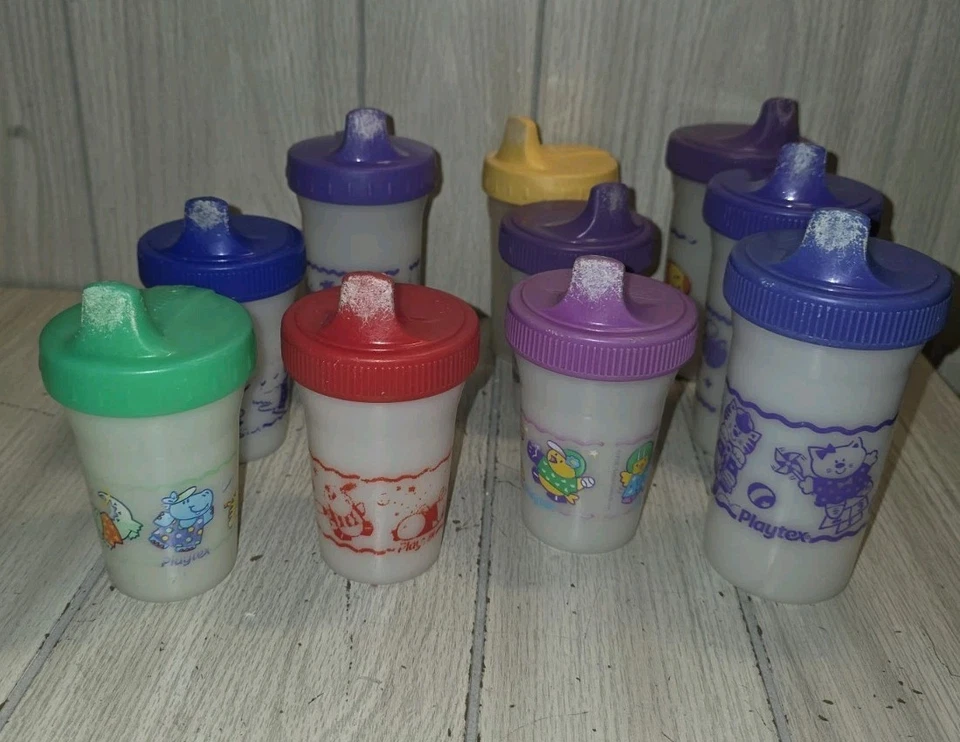 Винтажный 90-х Playtex Sippy чашки клапаны лот из 10 динозавров рыбы цыплят поезд дефект читать - Изображение 2 из 4