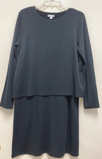 PURE JILL Dress - Black Tencel Knit Long Sleeve, Layered Bodice Shift, Small