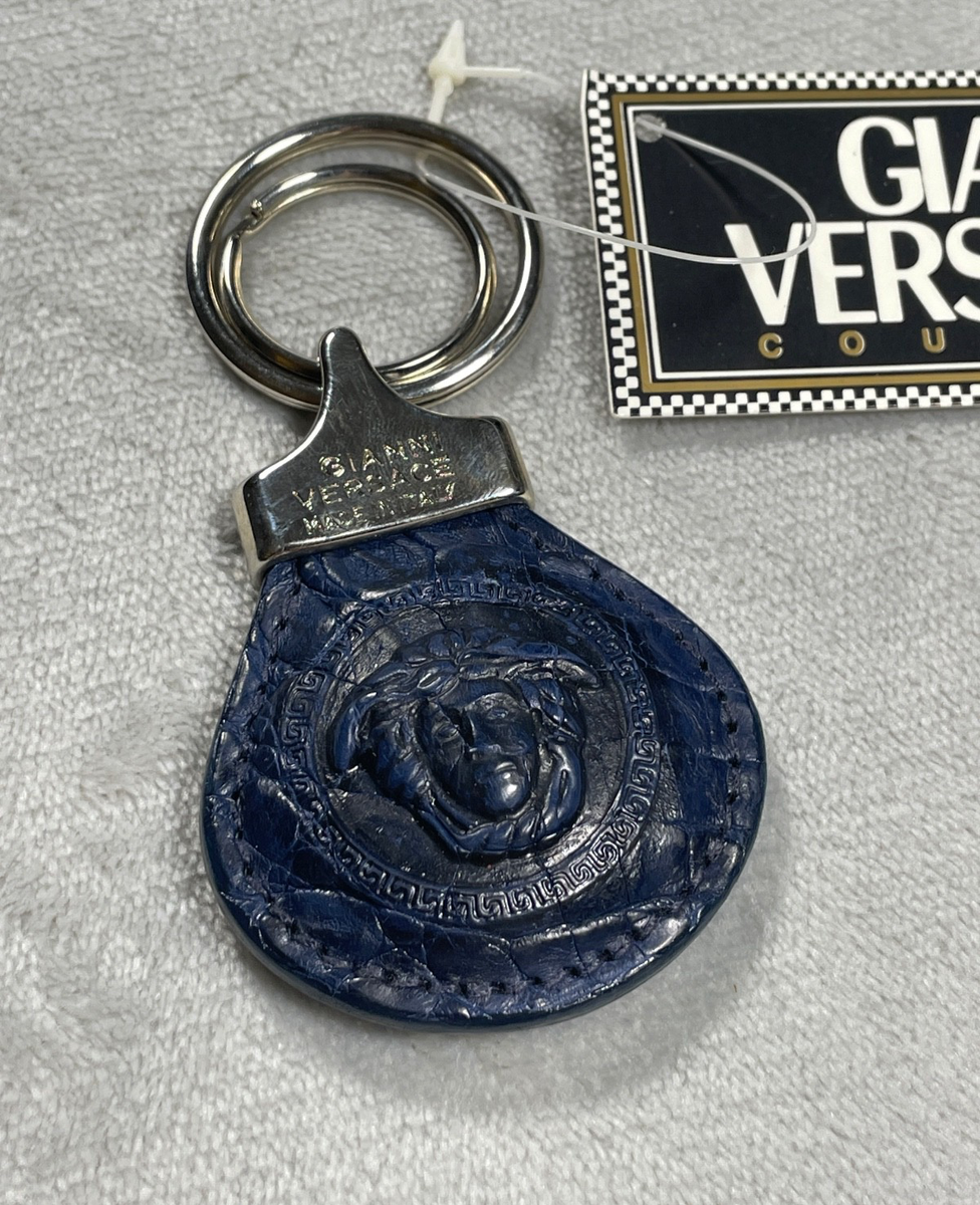 Vintage Gianni Versace Medusa Keychain Unisex Blue Leather Italy