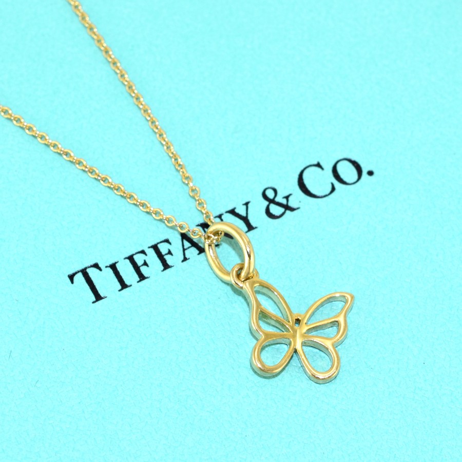Tiffany&Co. Butterfly Pendant Necklace 18K Yellow Gold 40cm Chain Used