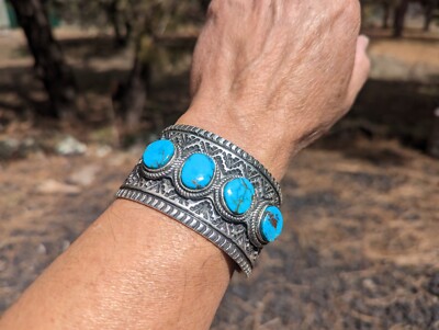 アクセサリー Vintage Navajo Turquoise Silver Bracelet Navajo Turquoise Bracelet Heavy Sterling Silver Signed Elvira Bill