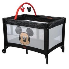 Disney Peeking Mickey Play Yard Full Size Bassinet with Toy Bar and Mesh Sides