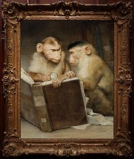 Handmade Old Master-Art Antique Oil Painting Animal Monkeys on canvas 24"x36"