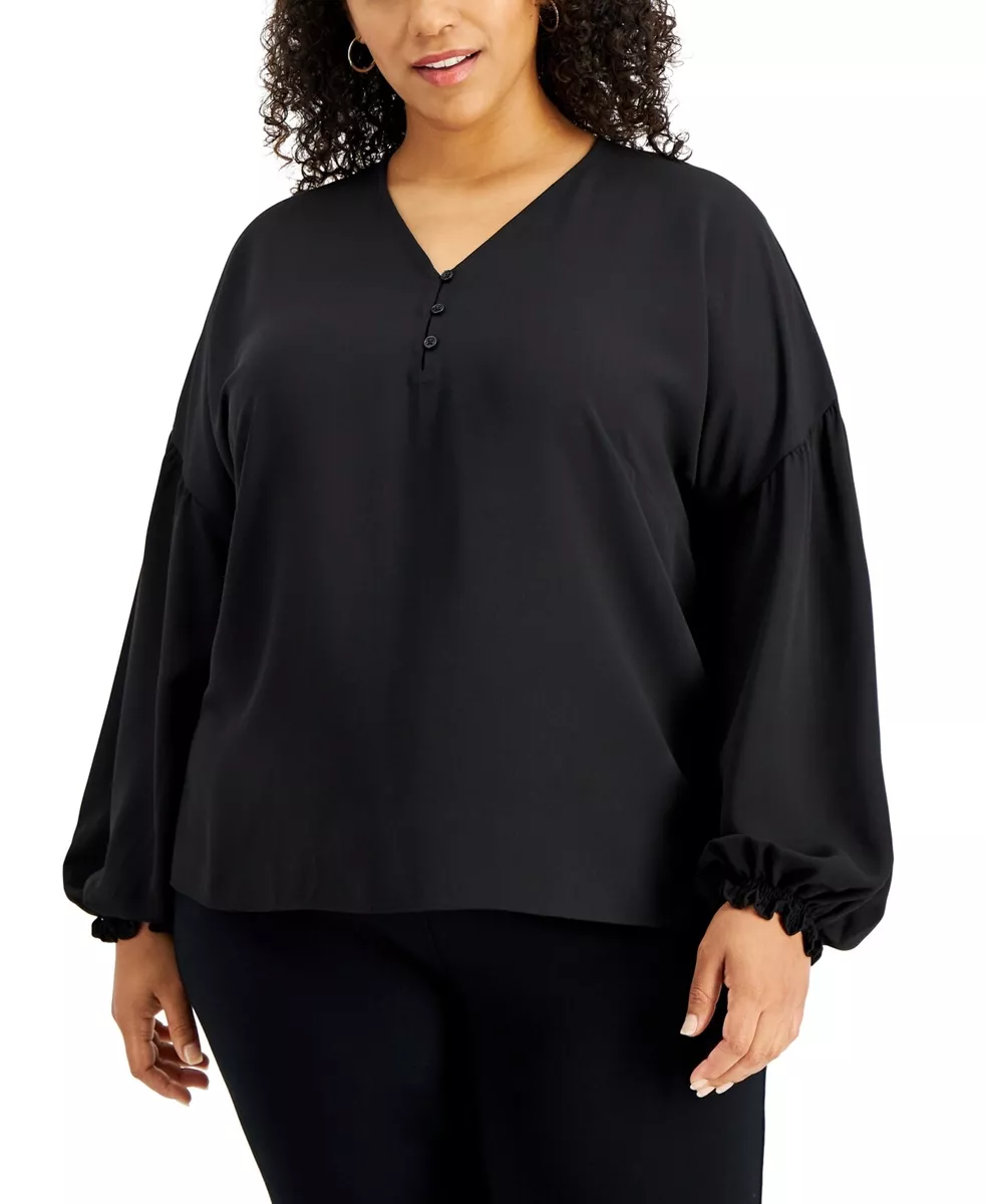 MSRP $80 Alfani Plus Size Puff-Sleeve Blouse Black Size 3X