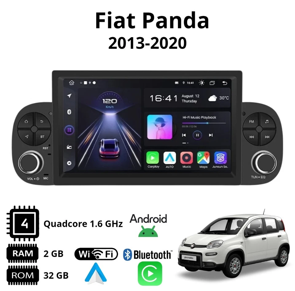 Autoradio 2 DIN Android 11 7" CarPlay GPS BT Wi-Fi per Fiat Panda 2012-24 - Immagine 2 di 4